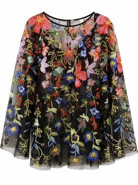 Marc Bouwer Unlimited 1X Black Sheer Floral Embroidered Mesh Bell Sleeve Tunic